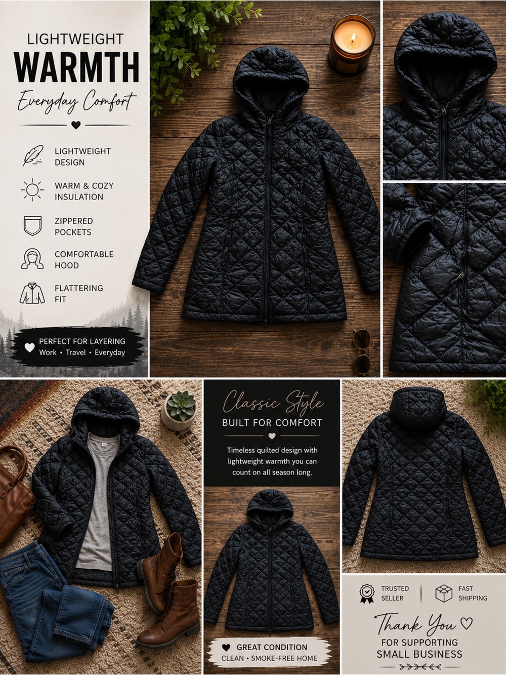 32 Degrees Women’s Black Hooded Lightweight Packable Down Puffer Jacket Size S